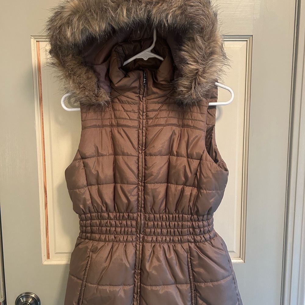 New York & Company Brown Quilted Vest with Faux Fur Hood